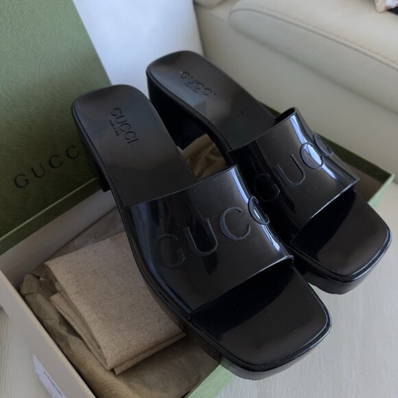 NEW GUCCI BLACK Rubber Logo Platform Block Heel Slide Sandals Size 10 US 40 EU - Picture 3 of 8